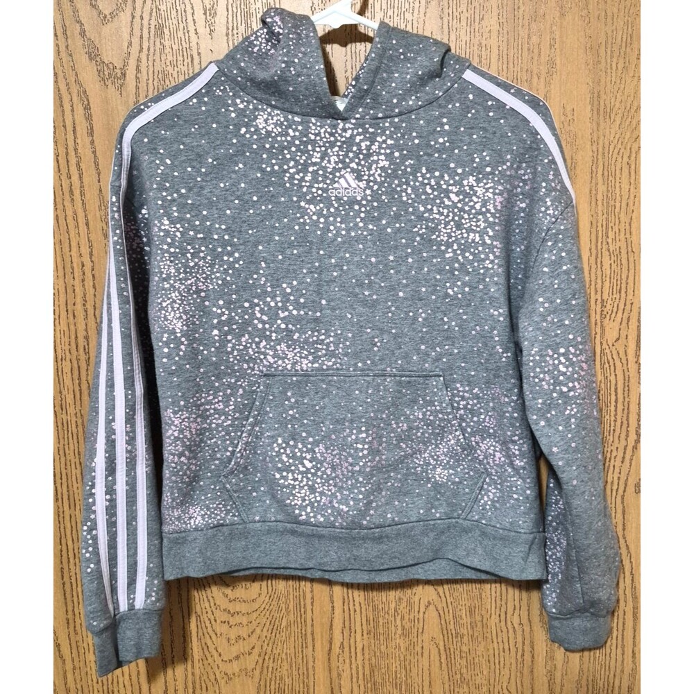 Adidas Girls Pullover Grey Pink Dots Sweatshirt Front Pocket Loose Fit XL